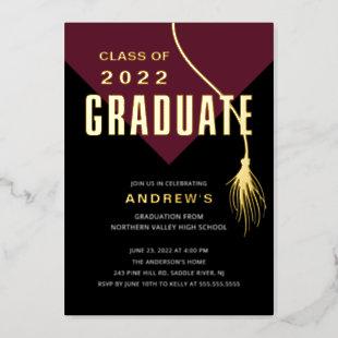 Modern Bold Wine Grad Cap Graduation Foil Invitation
