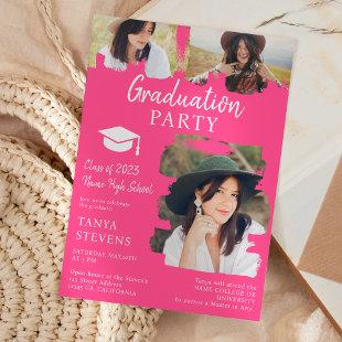 Modern bright pink Brushstroke 3 photos graduation Invitation
