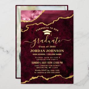 Modern Burgundy Marble Graduation Gold  Foil Invitation