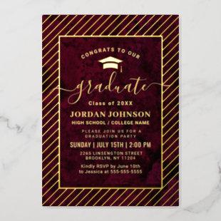 Modern Burgundy Marble Graduation Party Gold Foil Invitation