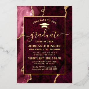 Modern Burgundy Marble Graduation Party Gold Foil Invitation