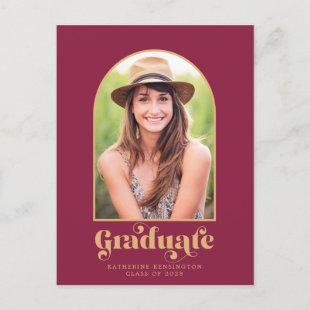 Modern Burgundy Maroon Gold Arch Photo Graduation Announcement Postcard