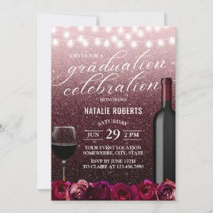 Modern Burgundy & Rose Gold Floral Wine Graduation Invitation