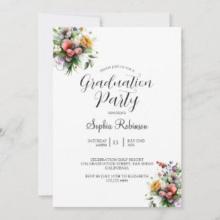 Modern Calligraphy Elegant Floral Grad Party  Invitation