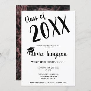 Modern casual script black white graduation photo invitation
