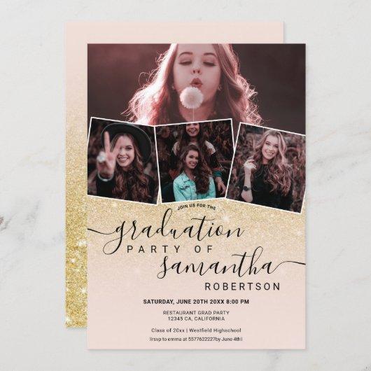 Modern chic gold glitter script 4 photo graduation invitation