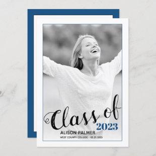 Modern Class of 2023 script classic blue photo Invitation
