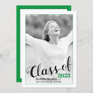 Modern Class of 2023 script green border photo Invitation