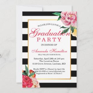 Modern Classic Striped Floral Peony Graduation Invitation
