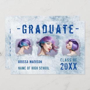 Modern Cool 4 Photo Double Sided Blue Graduation Announcement