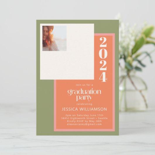 Modern Coral and Green Geometric Graduation Party Invitation