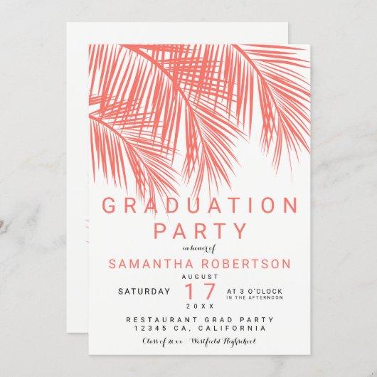 Modern coral palm tree elegant graduation party invitation