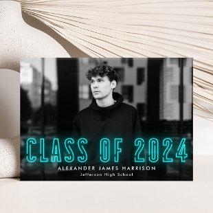 Modern Cyan Neon Class of 2024 Photo Graduation Announcement