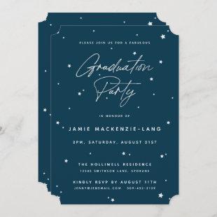 Modern Dark Teal Script and Stars Graduation Party Invitation
