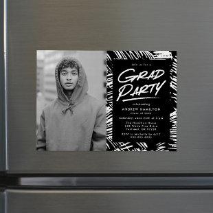 Modern Dashed Black Photo Graduation Party Magnetic Invitation