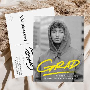 Modern Dashed Grad Yellow Photo Graduation Party Invitation Postcard