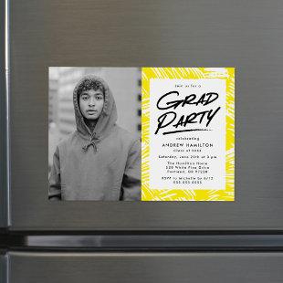 Modern Dashed Grad Yellow Photo Graduation Party Magnetic Invitation