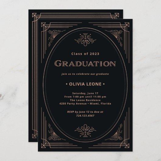 Modern Deco | Faux Rose Gold and Black Graduation Invitation
