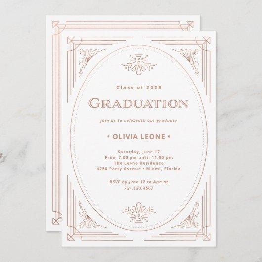 Modern Deco | Faux Rose Gold and White Graduation Invitation