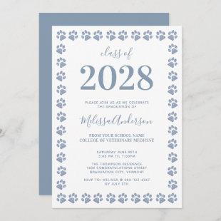 Modern Dusty Blue Glitter Paw Prints Graduation Invitation