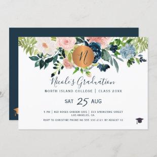 Modern elegant floral gold navy graduation party invitation