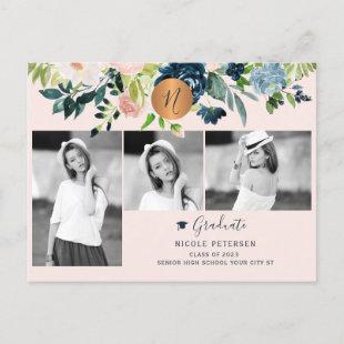 Modern elegant floral graduation photo collage announcement postcard