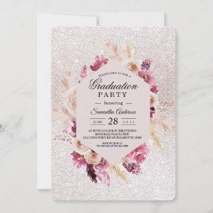 Modern Elegant Flowers Frame Glitter Pink Invitation
