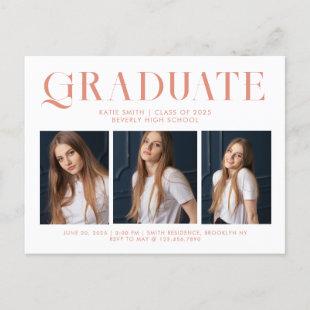 Modern Elegant Minimalist Graduation Three Photo Invitation Postcard