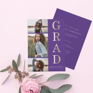 Modern Elegant Purple Gold 3 Photo Graduation Invitation