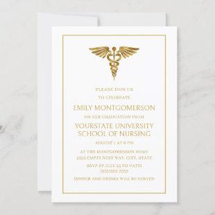 Modern Elegant White Gold Nursing School Graduate  Invitation