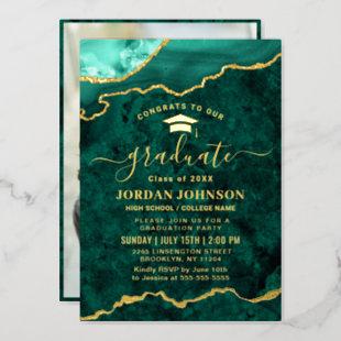 Modern Emerald Green Marble Graduation Party Gold Foil Invitation