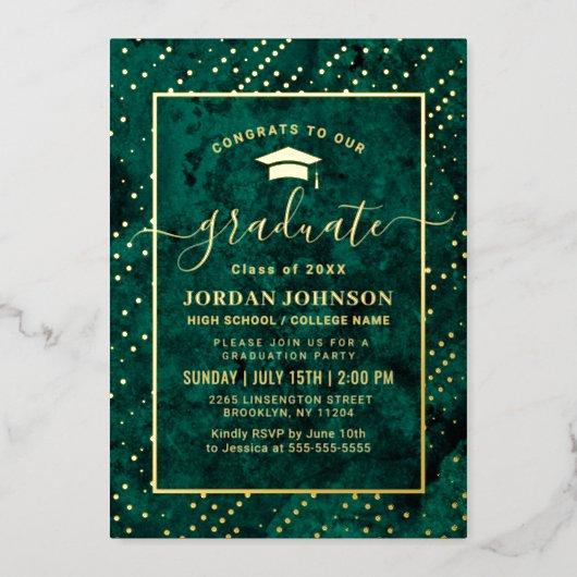 Modern Emerald Green Marble Graduation Party Gold Foil Invitation