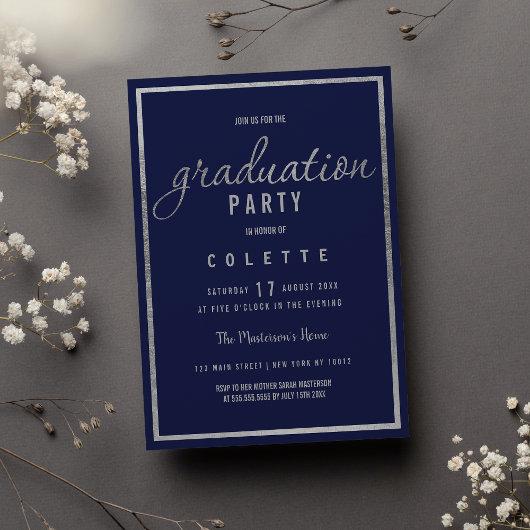 Modern faux silver navy blue elegant Graduation Invitation