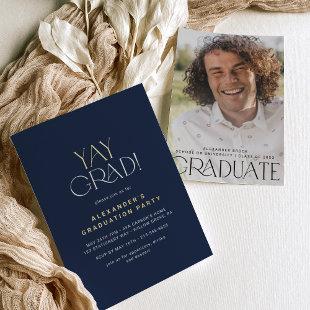 Modern Fete Foil Navy Yay Grad Photo Graduation Foil Invitation