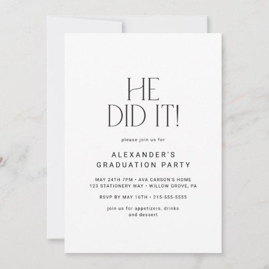 Modern Fete | Minimal He Did It Graduation Party Invitation