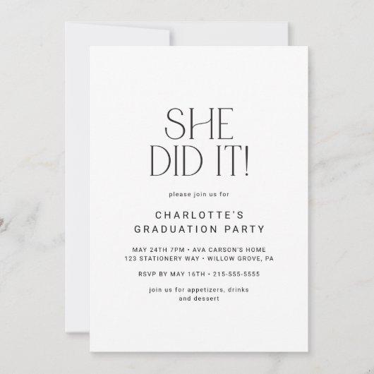 Modern Fete | Minimal She Did It Graduation Party Invitation