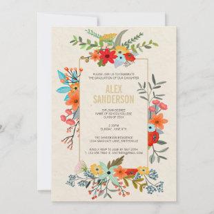 Modern Floral and Gold Border Graduation Party Invitation