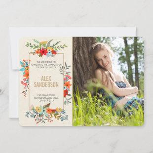 Modern Floral and Gold Border Graduation Photocard Announcement