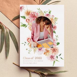 Modern Floral Arch Frame Graduate Photo Rose Gold Foil Invitation
