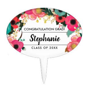 Modern Floral Graduation Party Oval  Cake Topper