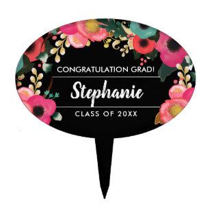 Modern Floral Graduation Party Oval  Cake Topper