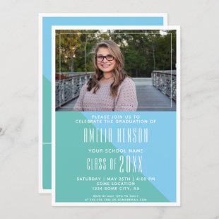 Modern Font Turquoise Blue Graduation Photo Invitation