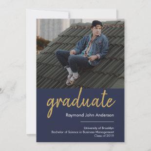 Modern Formal Blue Gold Graduate Script Graduation Announcement