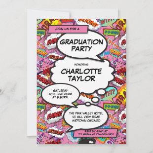 Modern Fun Pink Girly Comic Book Graduation Party  Invitation