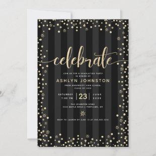 Modern girly black gold glitter script graduation  invitation