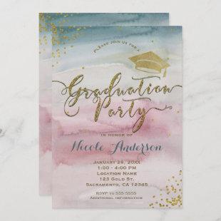 Modern Glam Watercolor & Gold Dot GRADUATION Party Invitation