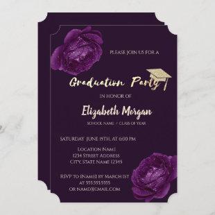 Modern Glitter Graduation Cap, Purple Roses Invitation