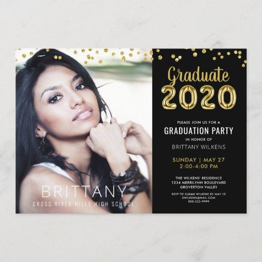 Modern Gold Balloon Number 2020 Black Graduation Invitation
