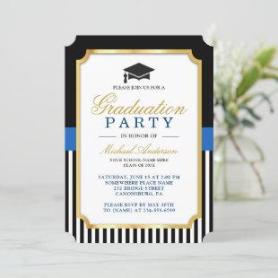 Modern Gold Black Blue Stripes Graduation Party  Invitation