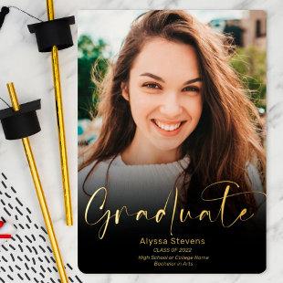 Modern gold black script 2 photos graduation foil invitation